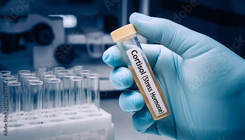 Cortisol stress hormone sample in lab – scientific research and medical diagnostics concept
