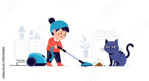 Adorable child vacuuming with a grumpy cat watching, a charming scene of chores and feline disapproval for home life and humorous content