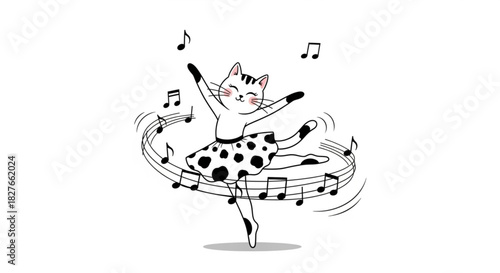 Enchanting cat ballerina dancing gracefully with musical notes, a whimsical illustration evoking joy and playful elegance for children's content
