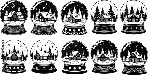 Ten snow globe illustrations with winter cabins, trees, snowflakes and festive holiday scenes in black white seasonal artwork, flat vector