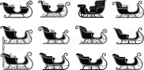 Twelve Santa sleigh silhouette designs with ornate runners and festive shapes in black white holiday illustration collection, flat vector