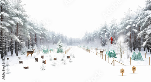 A serene winter forest path adorned with festive decorations and woodland creatures, perfect for holiday celebrations