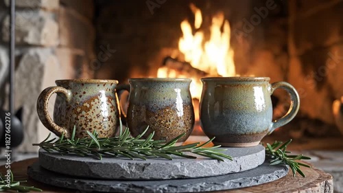 Wallpaper Mural Cozy Fireplace Scene with Pottery Mugs: Rustic Ambiance and Warmth in Wintertime Torontodigital.ca