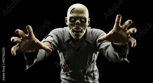 A scary zombie with green skin and a wound on his forehead reaches out with his hands