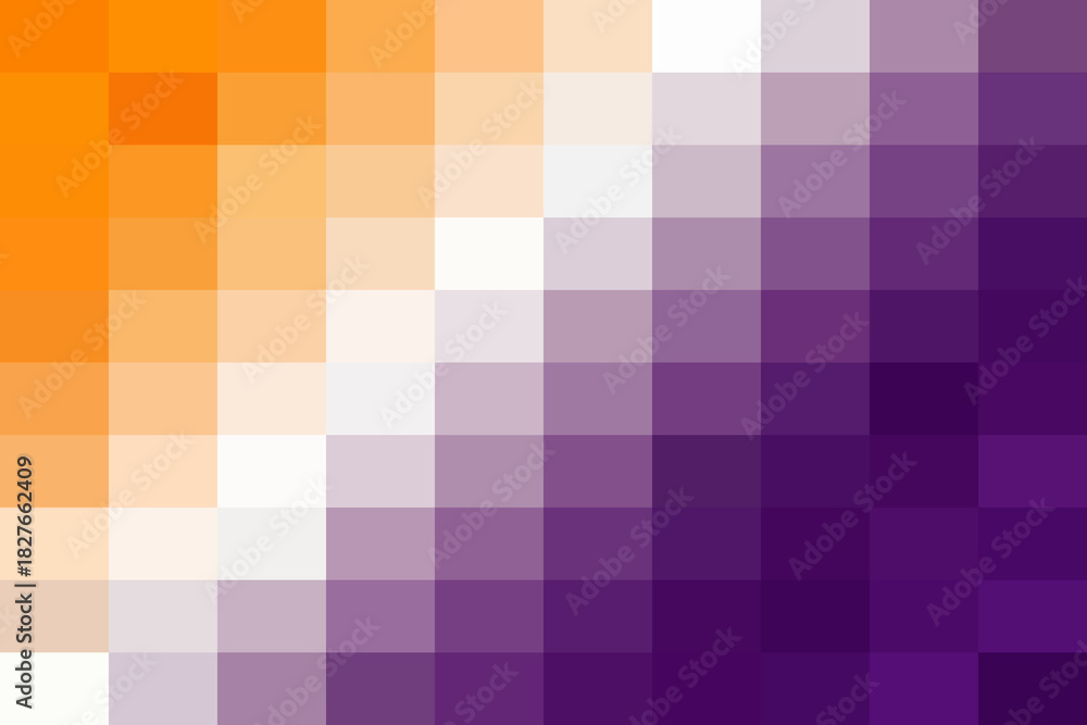Obraz premium Abstract geometric pixelated background showcasing a smooth color gradient from vibrant orange to pristine white then to deep purple squares