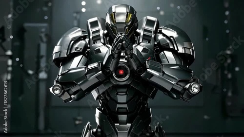Futuristic Robot Warrior with Glowing Red Eye and Metallic Armor.