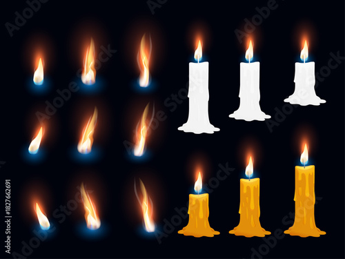 Burning Candle Flames Collection – White and Yellow Wax Candles with Realistic Fire, Melting Drips, Warm Light and Flame Elements Set for Holiday, Spa, Romantic and Celebration Decoration Vector.