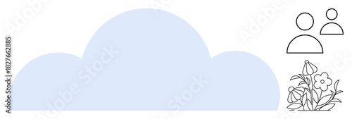 Large blue cloud with line drawings of two people and blooming flowers. Ideal for teamwork, digital cloud storage, collaboration, networking, nature, community, and growth. Simple flat metaphor