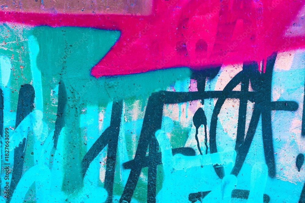 Naklejka premium Vibrant graffiti art in neon pink, blue, green. Retro 80s style, trippy abstract design with bold strokes. Street art, urban murals, creative background, modern 90s, Y2K visuals.
