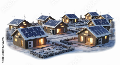 Eco-Friendly Community Homes Powered by Solar and Wind Energy in Snowy Landscape