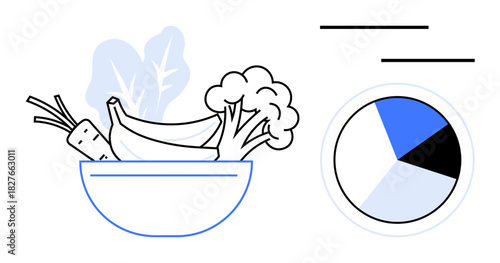 Bowl containing broccoli, banana, carrots, and leafy greens alongside a pie chart. Ideal for nutrition planning, healthy eating, diet tracking, balanced lifestyle, health awareness meal planning