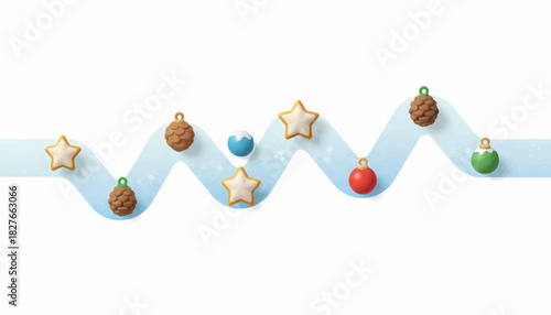 Festive holiday decorations with pine cones, stars, and baubles strung along a wavy, sparkling line