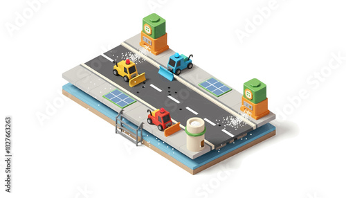Isometric illustration of road maintenance with three vehicles, showing street cleaning processes