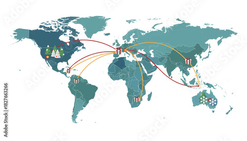 Global holiday season world map with gifts and decorations sent across continents