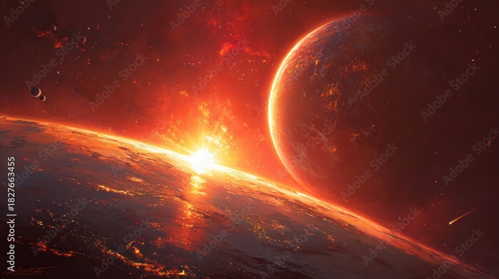 Obraz premium Fiery sunrise with Earth, space, and planets