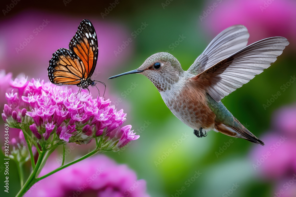 Fototapeta premium Hummingbird and Butterfly on Pink Flower