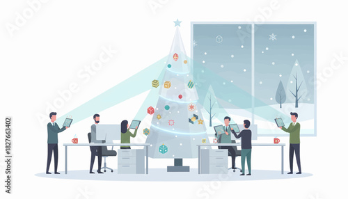 Festive Office Celebration Colleagues Decorating Christmas Tree with Tablet Projections