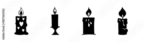 Black silhouettes of burning candles with various designs, glowing flames vector