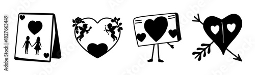 Collection of four distinct black and white love and romance themed vector icons
