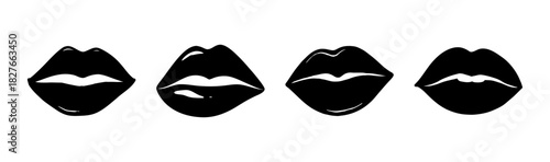 Glossy black lips set. female mouth icons. modern design element for beauty and fashion.