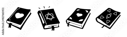 Stylized book icons: heart, star of david, and abstract geometric patterns