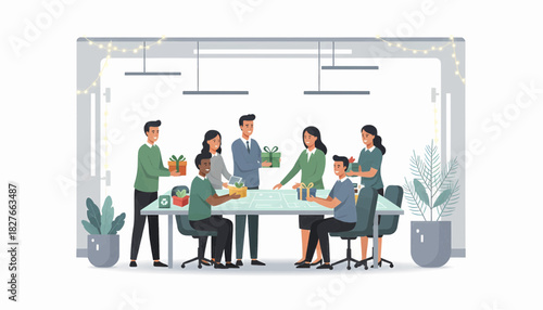 Happy colleagues exchanging presents during a corporate Christmas party in a modern office workplace, celebrating the winter holidays together