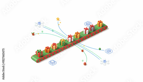 An isometric illustration showcasing an automated factory conveyor belt preparing and sorting colorful Christmas presents for holiday delivery