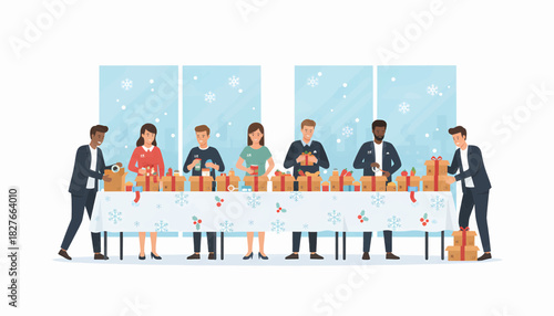 Group of People Preparing Christmas Gifts Together at a Decorated Table for the Holidays