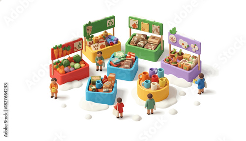 Colorful Miniature Market Stalls A Delightful Scene of Fresh Produce and Customers
