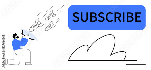 Man defends himself with a shield against incoming internet threats labeled ADS near prominent SUBSCRIBE label. Ideal for cybersecurity, digital subscription, protection, marketing, focus