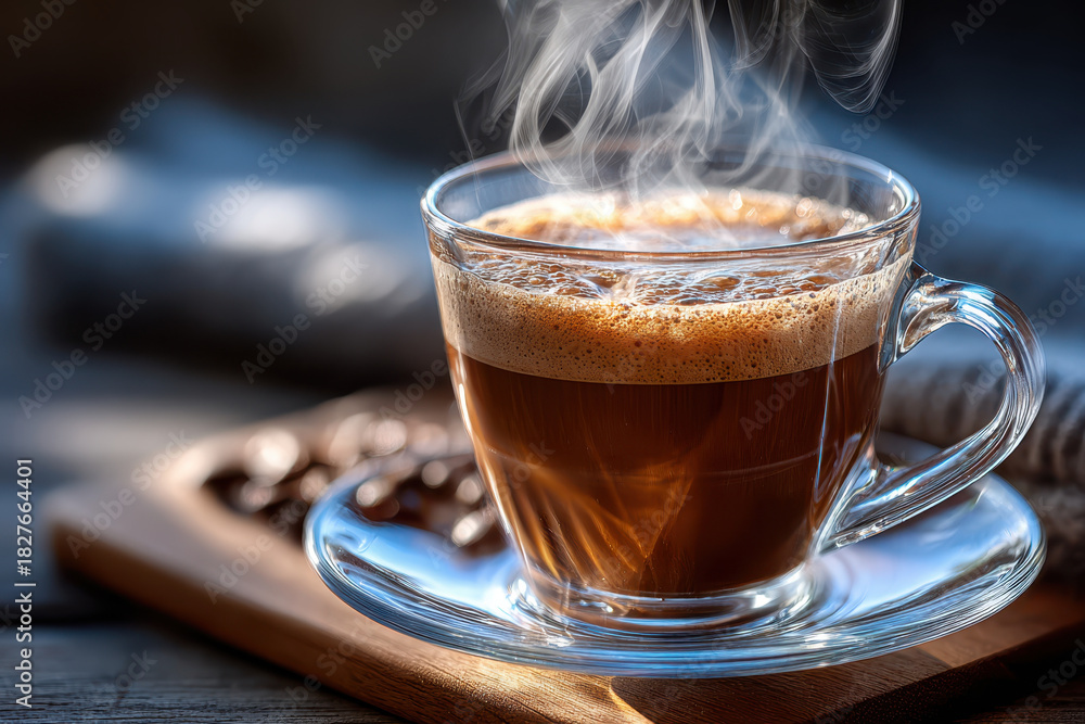 Fototapeta premium Steaming Hot Coffee in a Glass Cup on a Wooden Board with Coffee Beans