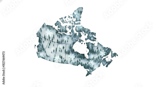 Illustrative map of Canada depicting its vast northern landscape blanketed in snow and dense evergreen forests, evoking a serene winter wilderness scene