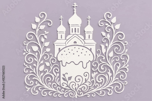 A stencil depicting a church and an Easter cake. A decorative element for cutting, printing, and decorating windows.