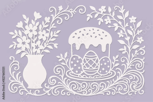 Stencil with Easter cake, vase with flowers, eggs.  A decorative element for cutting, printing, and decorating windows.