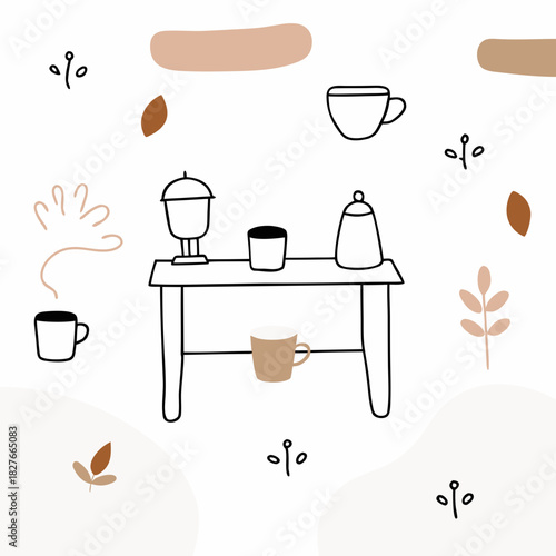 Illustration of a cozy coffee break station with cups and a coffee maker surrounded by decorative elements