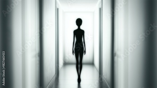 Wallpaper Mural Otherworldly force, poltergeist. A lone figure walks down a dimly lit, endless hallway, exuding mystery, solitude, and psychological intrigue, suspense, minimalism, cinematic tension. Torontodigital.ca