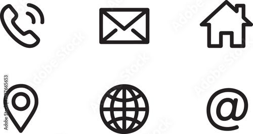 Six Black and White Icons for Contact Methods: Phone, Email, Home, Location, Globe, At Symbol call