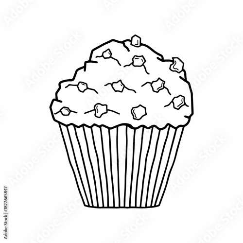 Classic chocolate chip muffin line art. Hand drawn simple black and white cupcake vector illustration
