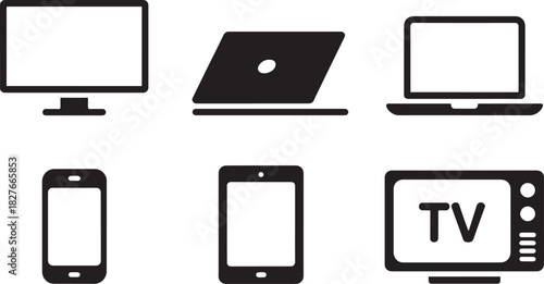 Six Black Icons of Electronic Devices on White Background technology symbol