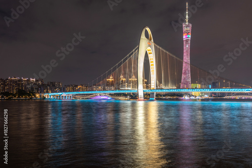 Night view of Guangzhou Tower and Liede Bridge, landmark buildings in Guangzhou, China