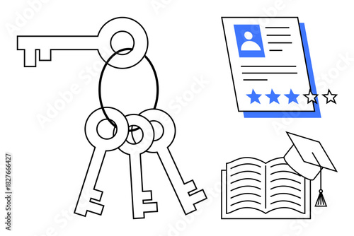 Cluster of keys, graduation cap on open book, and rated profile document emphasize education, achievement, and career. Ideal for learning, achievement, career growth, skill development opportunity