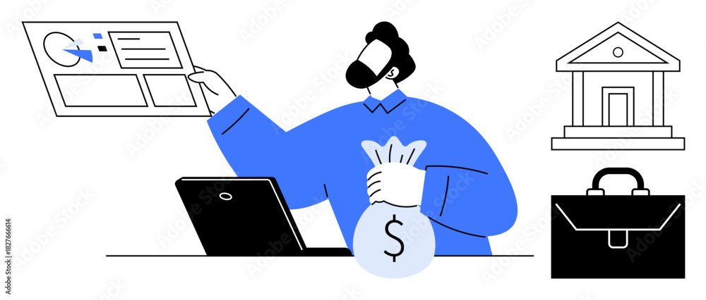 Naklejka premium Office worker using a laptop, analyzing charts, holding a money bag near icons of a bank and briefcase. Ideal for finance, banking, wealth management, strategy, business, investing simple flat