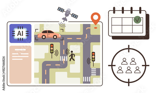 AI chip on screen monitoring traffic lights, cars, and pedestrians satellite, calendar, and target icons. Ideal for navigation, AI management, smart cities, automation urban planning GPS tracking