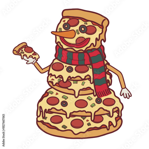 Christmas snowman pizza cartoon with scarf holding a slice and melted cheese