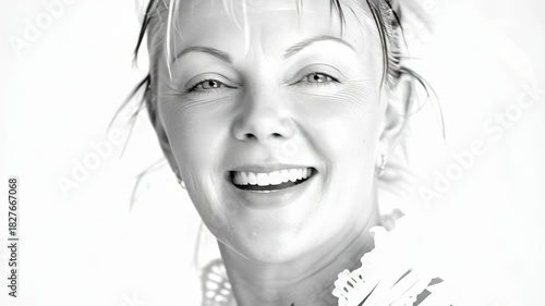Black and white portrait of a smiling woman with light hair and bright eyes.