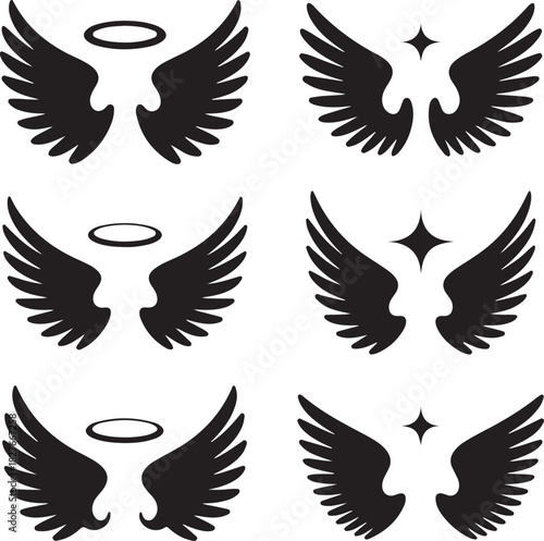 Angelic wings vector graphic set with halos and stars design elements