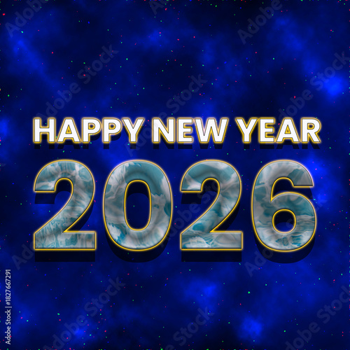 A vibrant Happy New Year 2026 greeting card design featuring bold golden 3D typography with a marble texture on a glowing blue cosmic background filled with colorful sparkling stars.