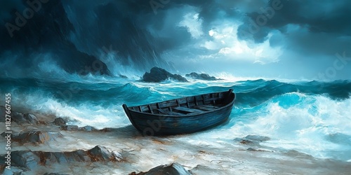 Solitary Boat on a Rugged Coastline, Capturing Isolation and the Power of Nature s Fury