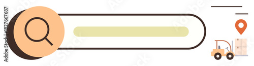 Magnifying glass near search bar, forklift transporting boxes, and location pin for delivery and supply chain. Ideal for logistics, navigation, warehouse, shipment, e-commerce, inventory