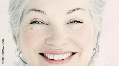 Close-up of a joyful senior woman with bright blue eyes and a wide smile, exuding happiness and vitality.